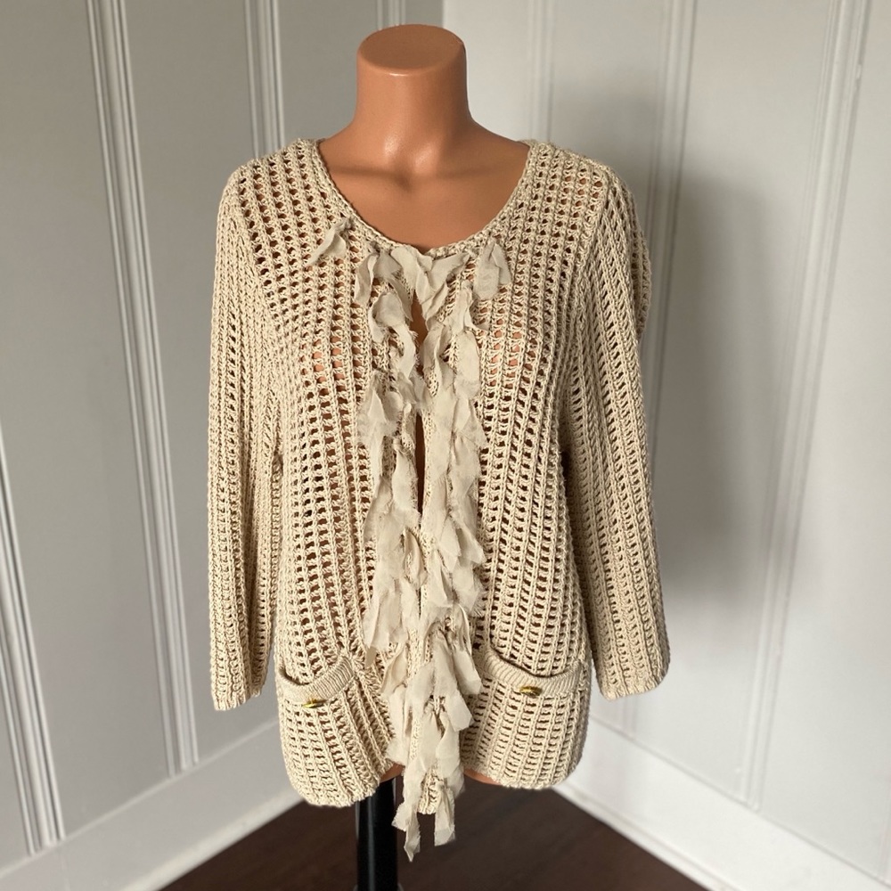 Chico’s Tan Chunky Knit Ribbon Fringe Cardigan 2 L